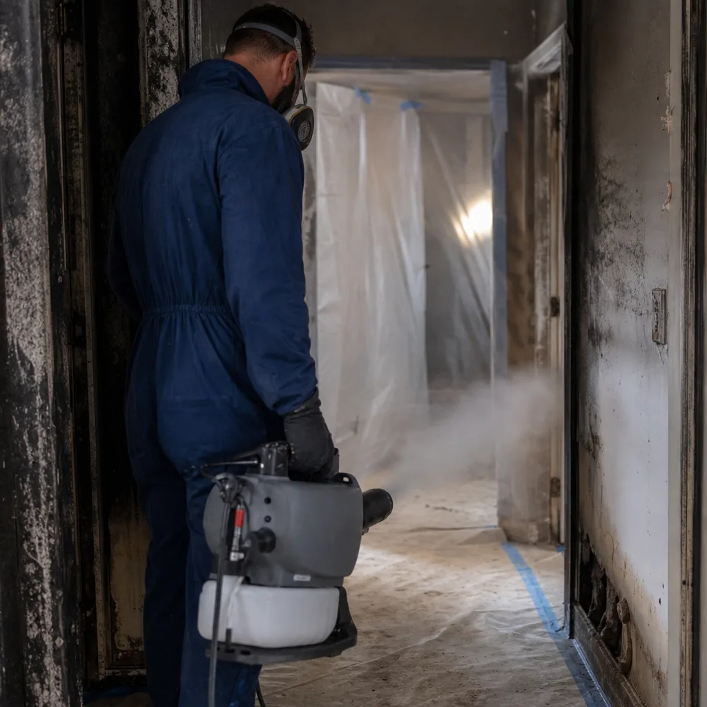 Technician using professional restoration equipment for fire and smoke damage removal