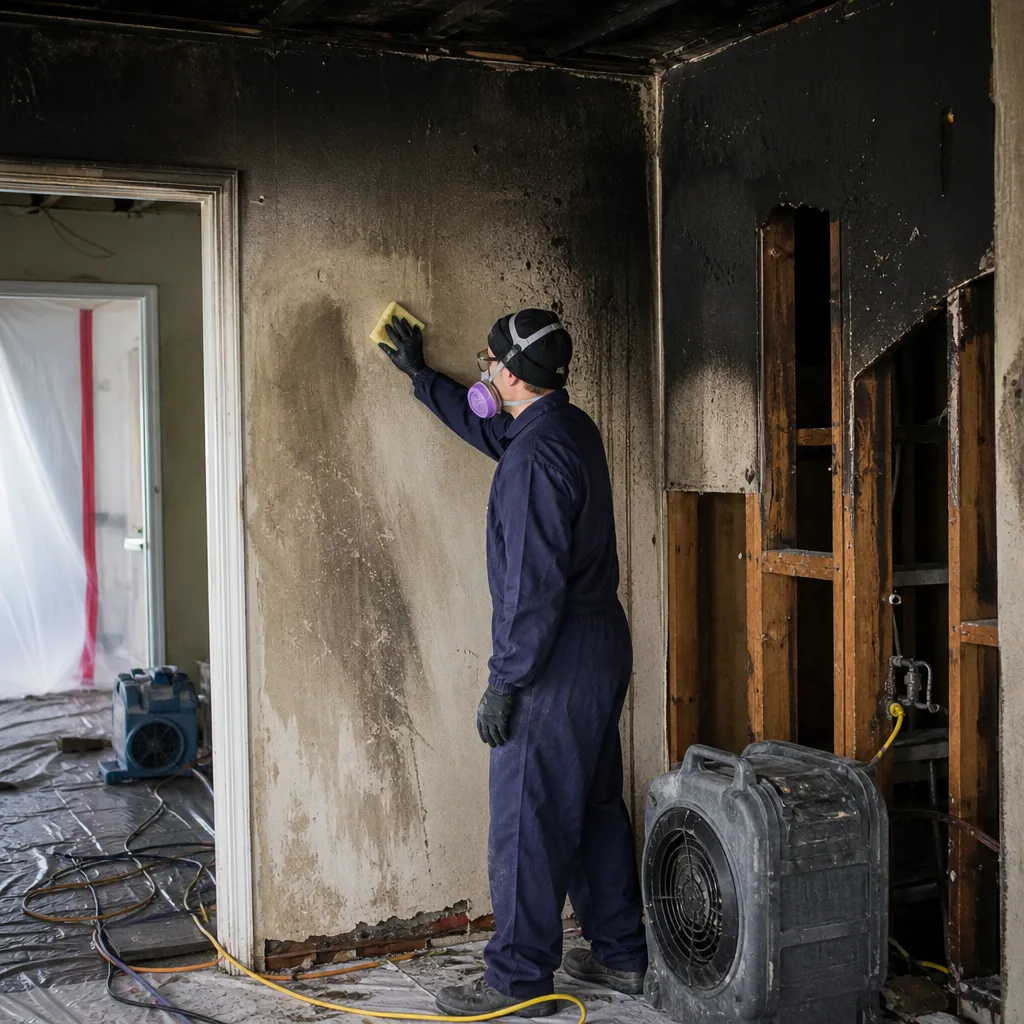 Professional fire and smoke damage restoration technician cleaning a charred wall