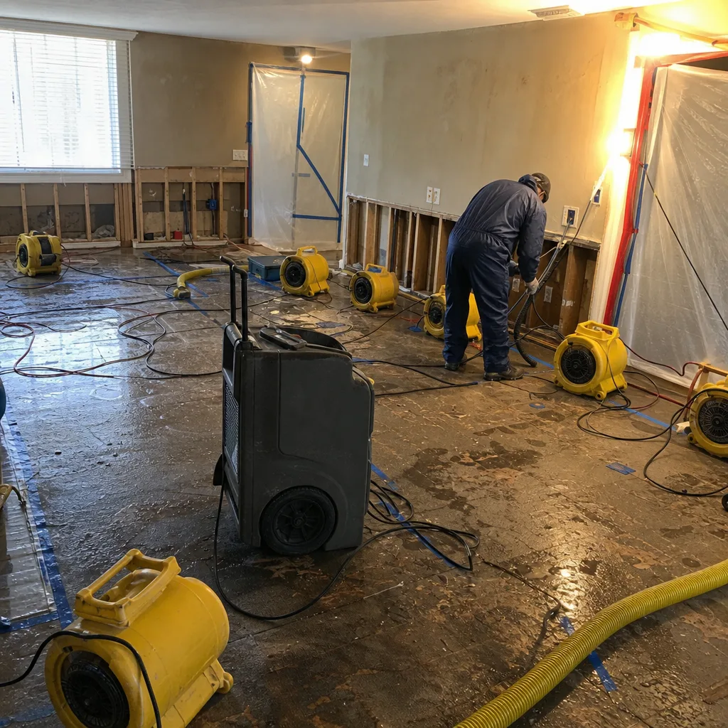 Water damage restoration professional using industrial drying equipment in a flooded room