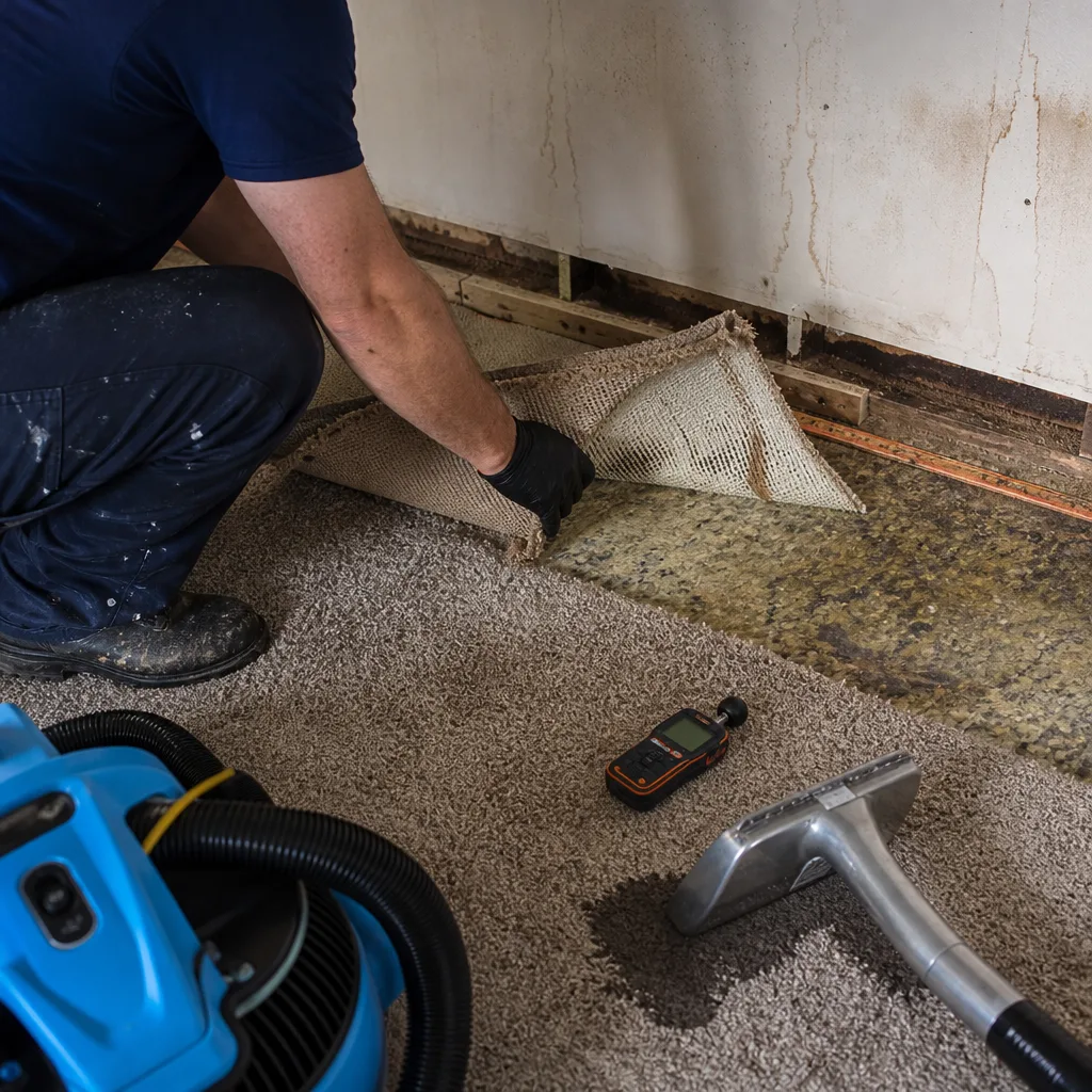 Technician performing water damage restoration and moisture inspection on carpet
